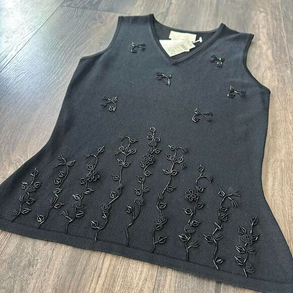 NWT Cache Gold Tag Shirt Floral Beaded Black Sleeveless Sweater Vest VNeck Small - Picture 2 of 5